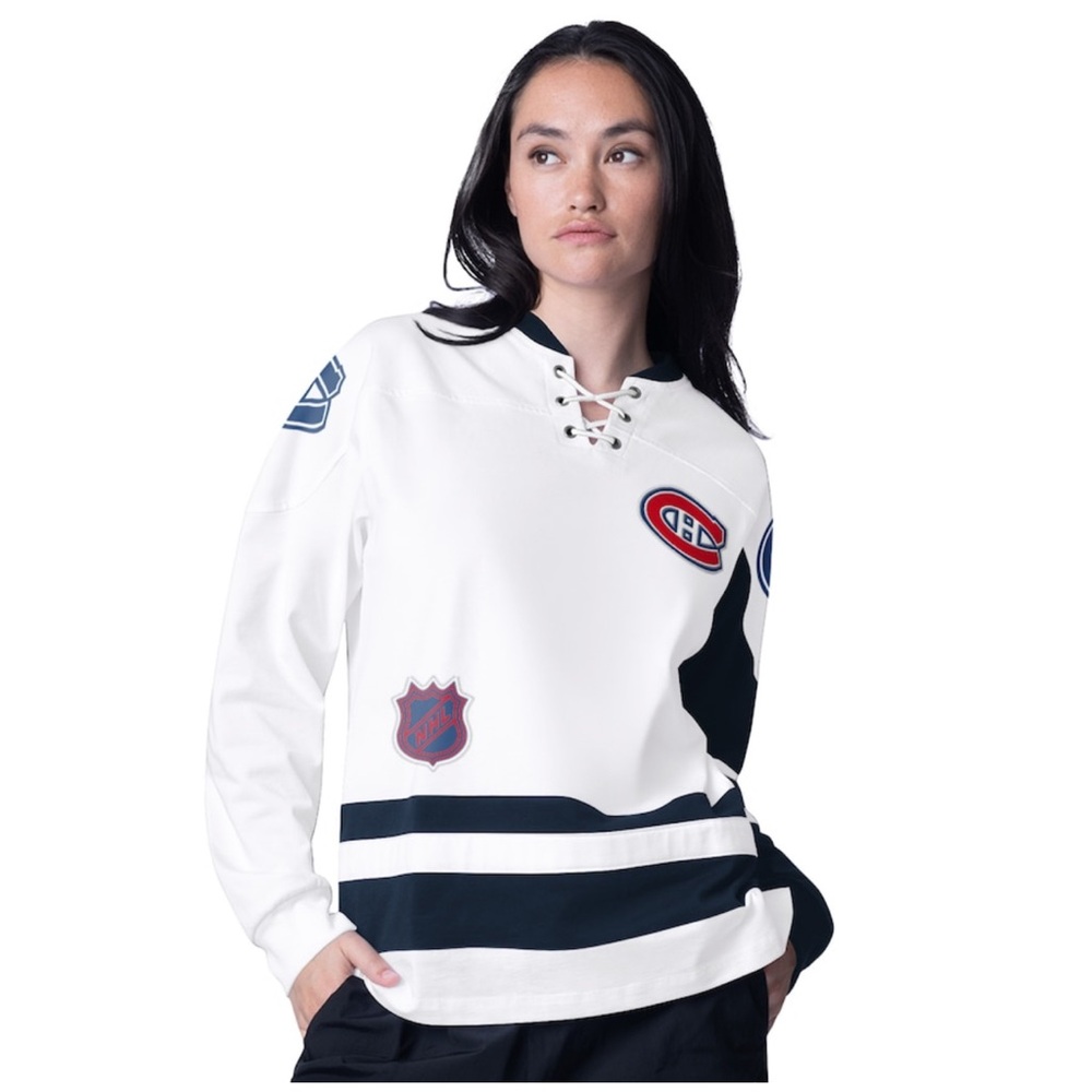 White and Navy Long Sleeve Montreal Canadiens Jersey
